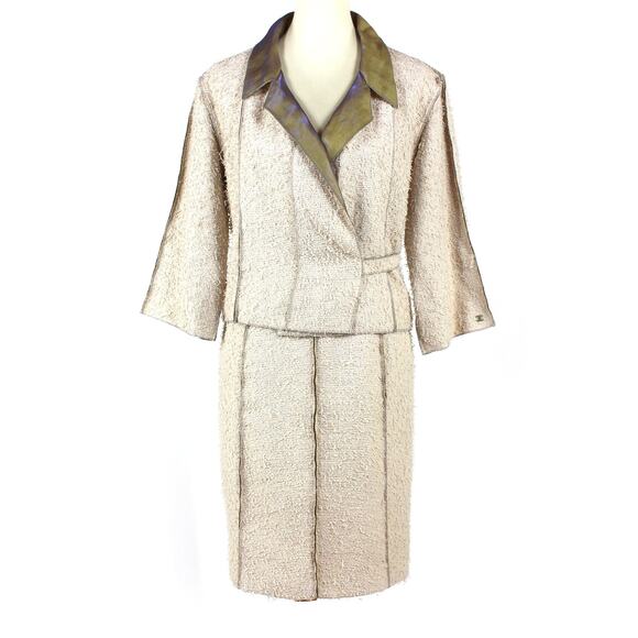 Chanel 1999 VTG Boutique Skirt Jacket Linen Suit Eyelash Fringe Textured Set 44 - Picture 1 of 8